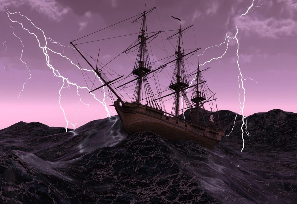 Pirate ship in thunderstorm with lightning